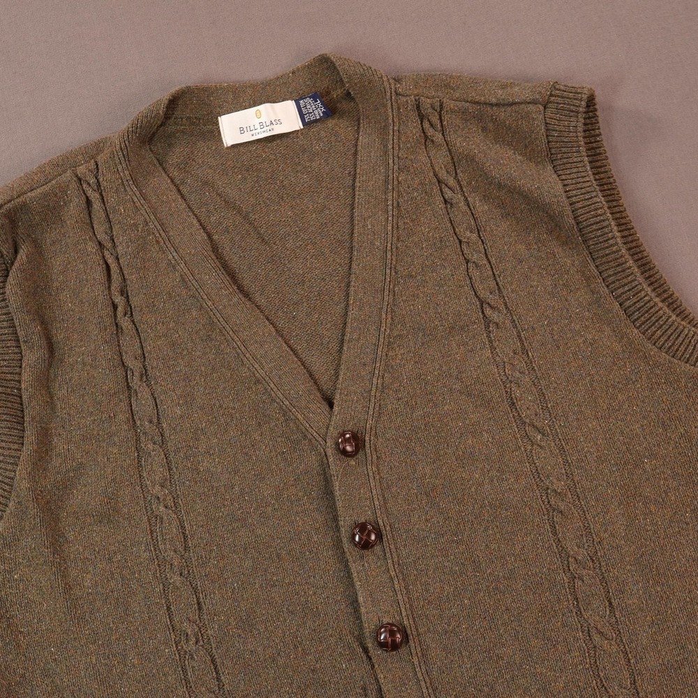 VTG Bill Blass Sweater Vest Mens 2XL Brown Cotton Acrylic V Neck Button Knit USA
